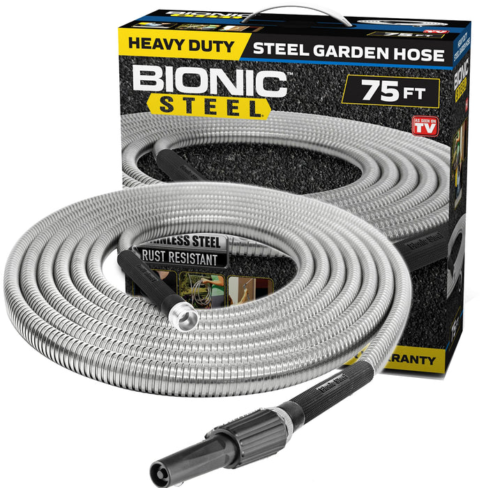 BIONIC STEEL 75 FT Garden Hose with Nozzle, 304 Stainless Steel Metal Water Hose 75Ft 500 PSI