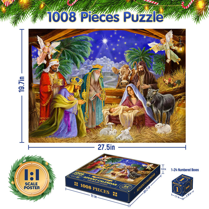 ZIZZ Advent Calendar 2024 Christmas Jigsaw Puzzle - 24 Boxes 1008 Pieces Xmas Holiday Countdown Puzzle Gift for Kid Adult Boy Girl Teen Happy Family Toy Game Christmas Stocking Stuffer Home Decoration