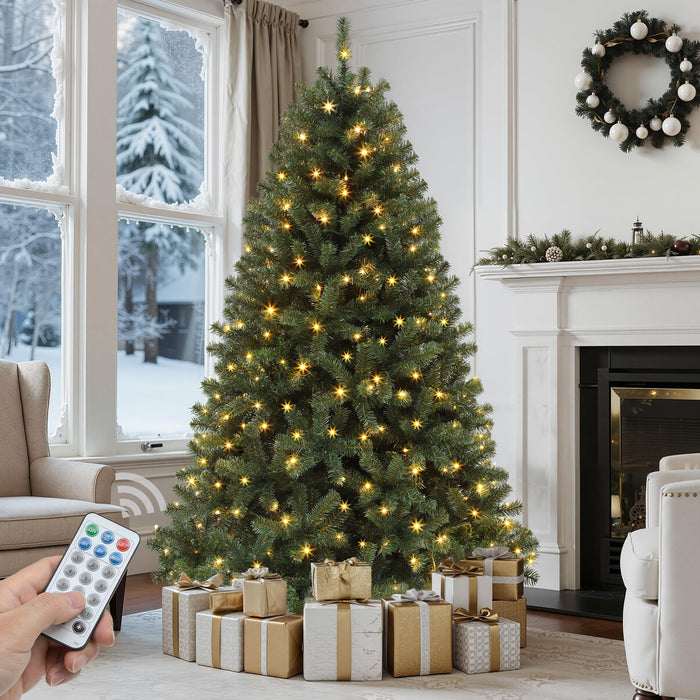 GOOBED Prelit Green Christmas Tree 7.5FT with Remote Control, Pre-Lit Green Artificial Hinged Spruce Christmas Tree with 1450 Tips, 550 LED Lights and 11 Light-Modes for Home, Party Decoration