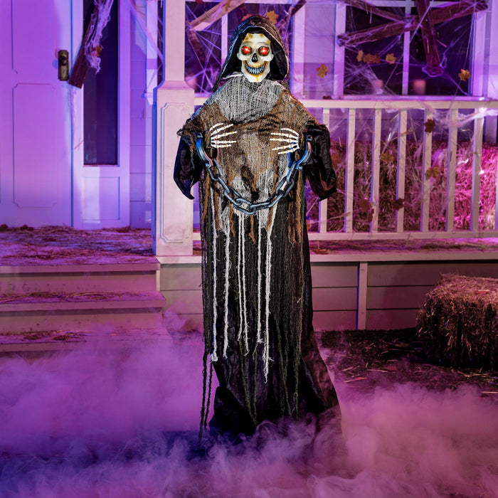 JOYIN Halloween Decorations Outdoor Life Size Animatronics Grim Reaper with Chain, Sound-Actived Party Decor with Creepy Sound, Scary Haunted House Props for Garden Yard Lawn