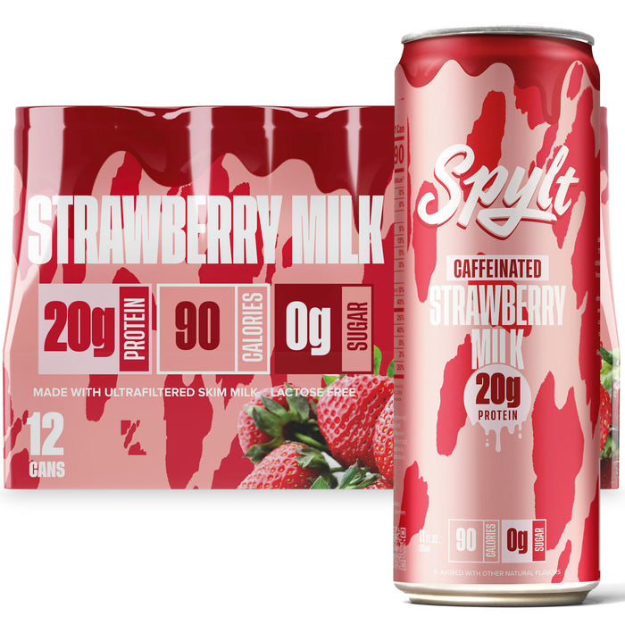 Spylt Caffeinated Strawberry Milk - 20g Protein, 60mg Caffeine, Sugar Free, Lactose Free Milk Protein Drink - 12 Count (11 Fl Oz)