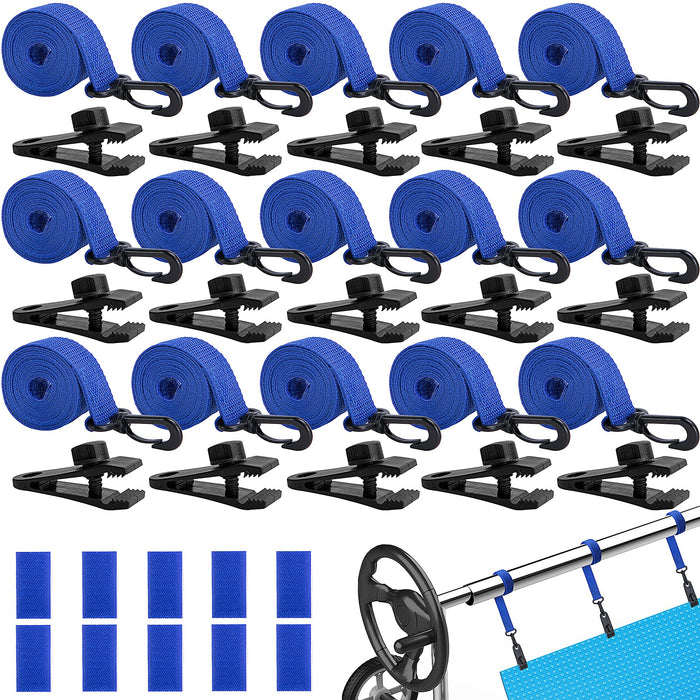 codree 36 Pcs Pool Solar Cover Reel Attachment Kit, Inground Swimming Pool Solar Cover Straps and Clips, Solar Blanket Strap Kit Including 12 Straps with Hooks, 12 Clips and 12 Touch Fastener (Blue)
