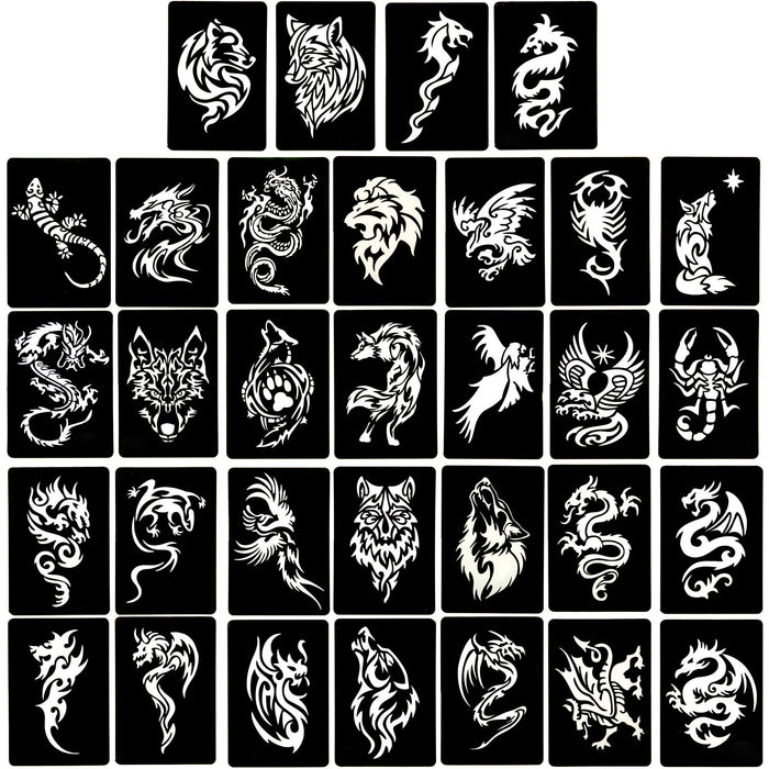 Kotbs 4 Sheets Temporary Tattoo Stencils, 32pcs Animal Patterns Henna Tattoo Stencil Kit Temporary Glitter Airbrush Tattoo Stencils Arabian Tattoo Stickers for Face Body Paint Art