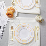 N9R 125PCS White Plastic Plates with Gold Rim & Disposable Gold Plastic Silverware Set, Include 25 Dinner Plates, Dessert Plates, Gold Forks, Knives and Spoons, Sturdy Enough for Wedding Party