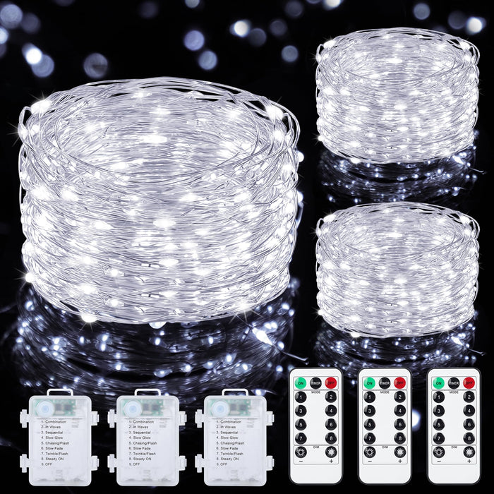 Mlambert 3 Pack 33FT Fairy Lights Battery Operated with Remote and Timer, Dimmable Waterproof 8 Modes Lights for Classroom Christmas Party-Cool White