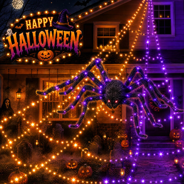 Halloween Decorations 16 Ft Spider Web Lights, Super-Realistic Giant Cobweb Indoor/Outdoor Purple Lights, Battery & 8 Modes Remote Control