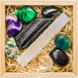 CRYSTALYA Protection Crystals and Healing Stones,100% Authentic, Wooden Gift Box + 50pg EBOOK- Obsidian, Fluorite, Malachite, Hematite, Amethyst, Selenite, Tourmaline + Info Guide, Made in USA