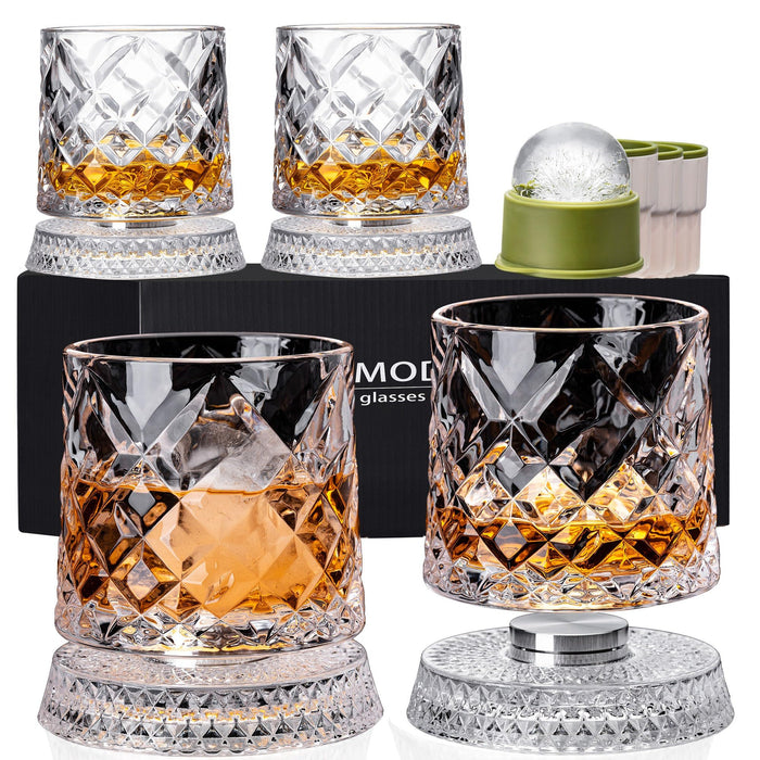 Spinning Whiskey Glasses Set of 4, 9.5 oz with Rotating Bases, Whiskey Gift