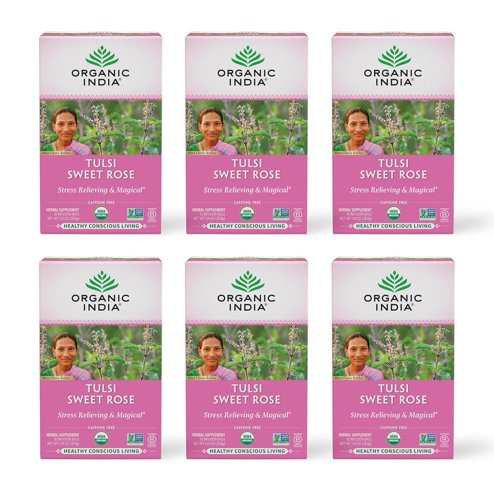 Organic India Tulsi Sweet Rose Herbal Tea - Stress Relieving & Magical, Immune Support, Adaptogen, Vegan, Gluten-Free, USDA Certified Organic, Non-GMO, Caffeine-Free - 18 Infusion Bags, 6 Pack