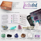 CRYSTALYA Calming Large Sleep Crystals and Healing Stones in Wooden Gift Box + 50pg EBOOK, Stress and Anxiety Relief - Amethyst, Lepidolite, Fluorite, Smoky Quartz, Selenite, Sage, and Info Guide