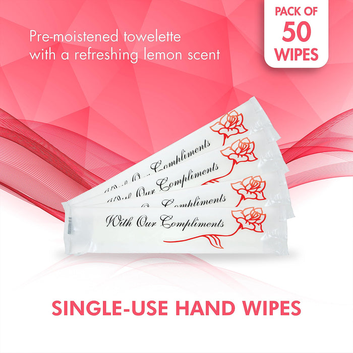 Diamond Wipes Pre-moistened Hand Wipes - “With Our Compliments” Logo 10x8” Extra Thick Lemon-Scented Pack of 50 Individually Wrapped Wet Wipes