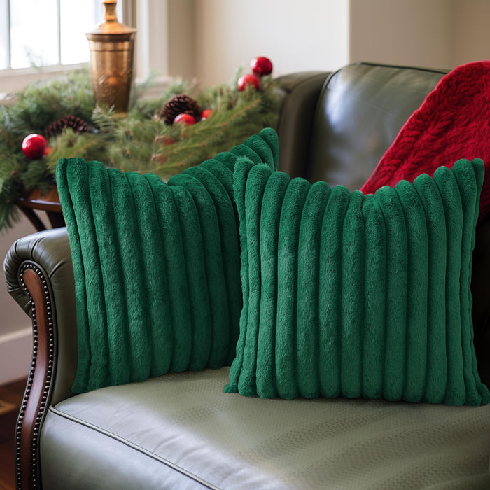 Pallene Faux Fur Plush Christmas Throw Pillow Covers 18x18 Set of 2 - Luxury Soft Fluffy Striped Decorative Pillow Covers for Sofa, Couch, Living Room - Christmas Green