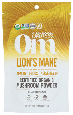 Om Mushroom Superfood Lion's Mane Organic Mushroom Powder, Fruit Body and Mycelium Nootropic for Memory Support, Focus, Clarity, Nerve Health, Creativity and Mood, 50 Servings, 100g, 3.5 Oz