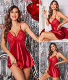 Avidlove Womens Christmas Lingerie V Neck Nightwear Sexy Lingerie Satin Sleepwear Lace Chemise Mini Teddy S, Red