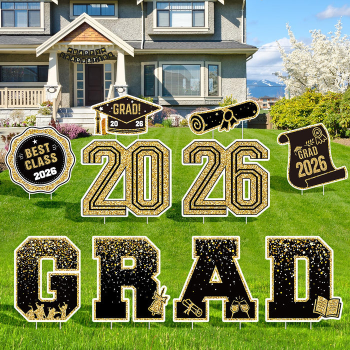 2026 Graduation Decorations Yard Signs – 10PCS Black and Gold Congrats Grad Lawn Decorations with Stakes, Graduation Party Supplies, Large Outdoor Graduation Party Decor for High School & College