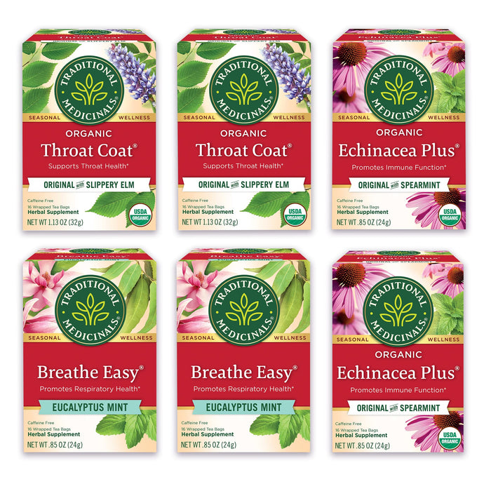 Traditional Medicinals Tea, Organic Seasonal Care Variety Pack, Throat Coat Tea, Echinacea Tea, Breathe Easy Tea with Eucalyptus to Support Respiratory Health, 96 Tea Bags, (6 Pack)