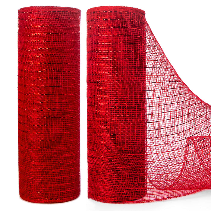 Ribbli 2 Rolls Red Mesh Ribbon,10 inch x 30 feet(10Yard) Each Roll,Metallic Red with Red Foil,Christmas Ribbon for Wreath Swags and Decorating