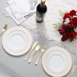 N9R 125PCS White Plastic Plates with Gold Rim & Disposable Gold Plastic Silverware Set, Include 25 Dinner Plates, Dessert Plates, Gold Forks, Knives and Spoons, Sturdy Enough for Wedding Party