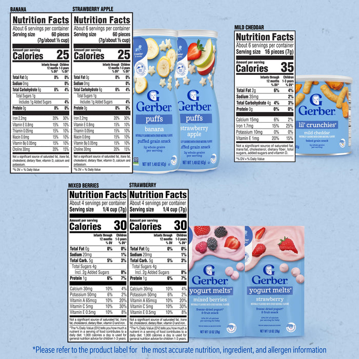 Gerber Strawberry Yogurt Melts, Mixed Berries Yogurt Melts, Banana Puffs, Strawberry Apple Puffs, Mild Cheddar Lil' Crunchies, 9-Pack