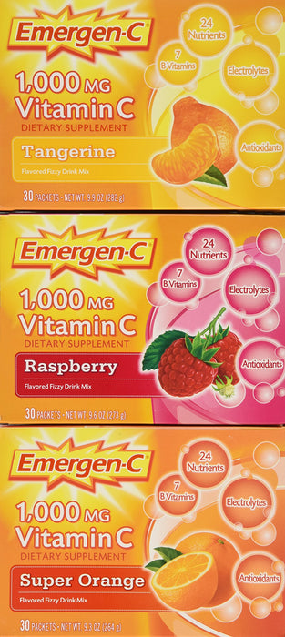 Emergen-c Vitamin C 1000mg 90 Packets 3 Variety Cartons NET Wt 29.1 ounce (828g)