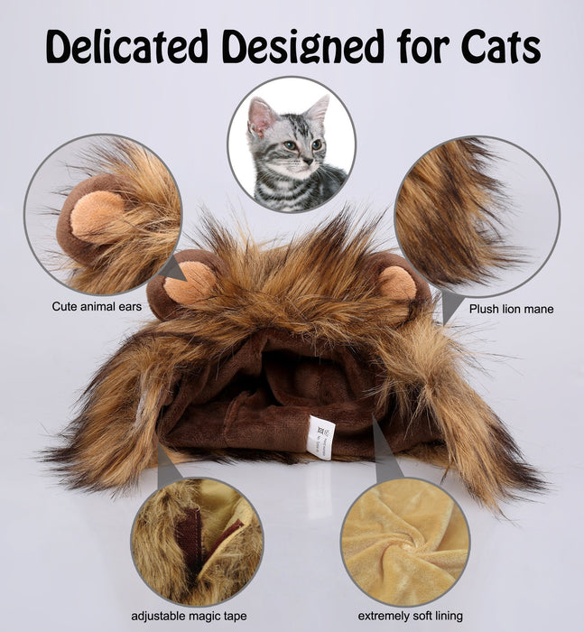 Onmygogo Lion Mane Wig for Cats, Funny Pet Cat Costumes for Halloween Christmas, Furry Pet Clothing Accessories (Size M, Melange Brown)