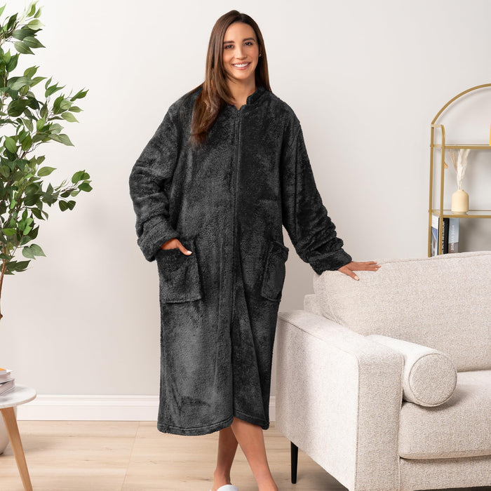 PAVILIA Womens Housecoat Zip Robe, Sherpa Zip Up Front Robe Bathrobe, Fuzzy Warm Zipper House Coat Lounger for Women Ladies Elderly with Pockets, Fluffy Fleece Long - Black (Small/Medium)