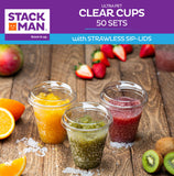 12 oz Clear Plastic Cups with Strawless Sip-Lids [50 Sets] PET Crystal Clear Disposable 16oz Plastic Cups with Lids - Crystal Clear, Durable Cup - BPA Free + Crack Resistant, for Coffee, Juice, Shakes