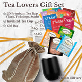 Bellina Tea Gift Baskets for Women and Men - Get Well Care Package - Insulated Cup, 20 Premium Teas, 10 Honey Straws, Gift Tag & Bag