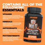 Huge Multi, Multivitamin for Men, High-Performance All-in-One Formula for Athletes, Vitamin & Mineral Replenishment, Supports Immune System & Healthy Hormone Levels (120 Capsules)