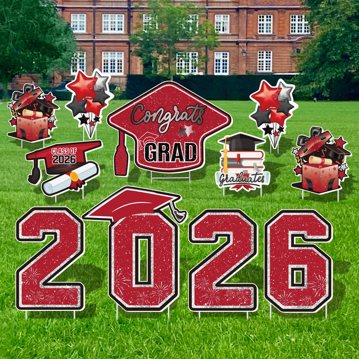 Vivantia Large 11 PCS Graduation Yard Signs, Class of 2026 Congrats Grad Outdoor Lawn Yard Sign with Stakes, Graduate Yard Decorations for College High School Party, Black and Red