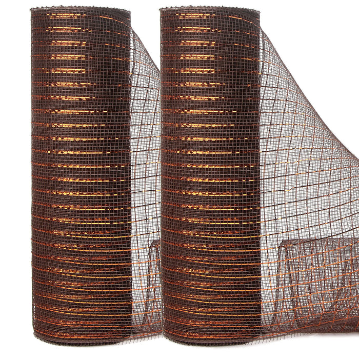 Ribbli 2 Rolls Chocolate Brown Mesh Ribbon,10 inch x 30 feet(10Yard) Each Roll,Metallic Chocolate Brown with Copper Foil,Use for Wreath Swags and Christmas Decoration