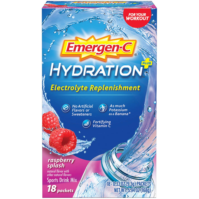 Emergen-C Hydration+ Sports Drink Mix With Vitamin C (18 Count, Raspberry Flavor), Electrolyte Replenishment, 0.33 Ounce Powder Packets