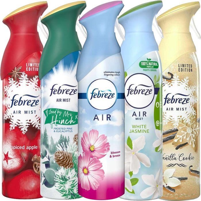 Febreze Air Freshener Spray Variety Set, 5 Count Assorted Scents Home & Bathroom Deodorizer, Blossom and Breeze, White Jasmine, Spiced Apple, Vanilla Cookie, Frosted Pine and Eucalyptus, 10.14 Oz Each