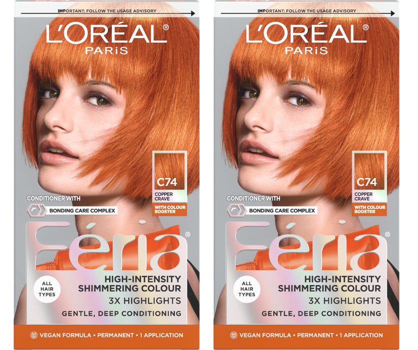 L'Oreal Paris Feria Multi-Faceted Shimmering Permanent Hair Color, C74 Intense Copper, Hair Dye Kit, Pack of 2