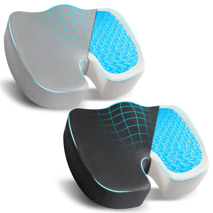 EcoNour Gel Seat Cushions for Office Chairs (2 Pack) | Tailbone Pain Relief Cushion for Sciatica | Memory Foam Seat Cushion for Long Sitting - Orthopedic Cushion for Office, Gaming Chair & Car Seat
