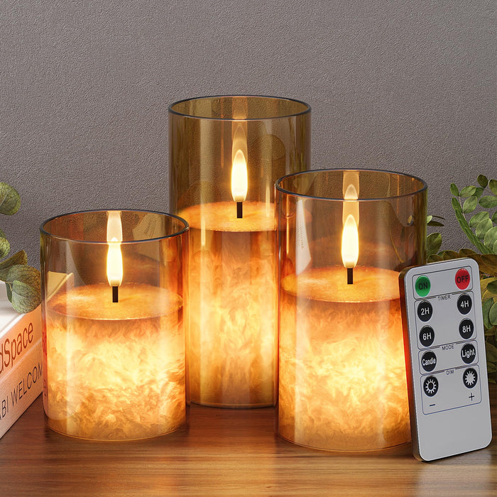 Battery Operated Flameless Candles with Remote & Timer, Gold Glass 3Pack