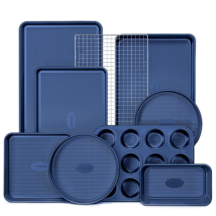 HONGBAKE 9-Piece Baking Pans Set Nonstick, Stackable Non Toxic Bakeware Sets with Diamond Texture, Oven Pan Set for Cooking, Includes Cookie Sheet with Rack, Cake Pan, Roasting Pan, Muffin Tin, Blue