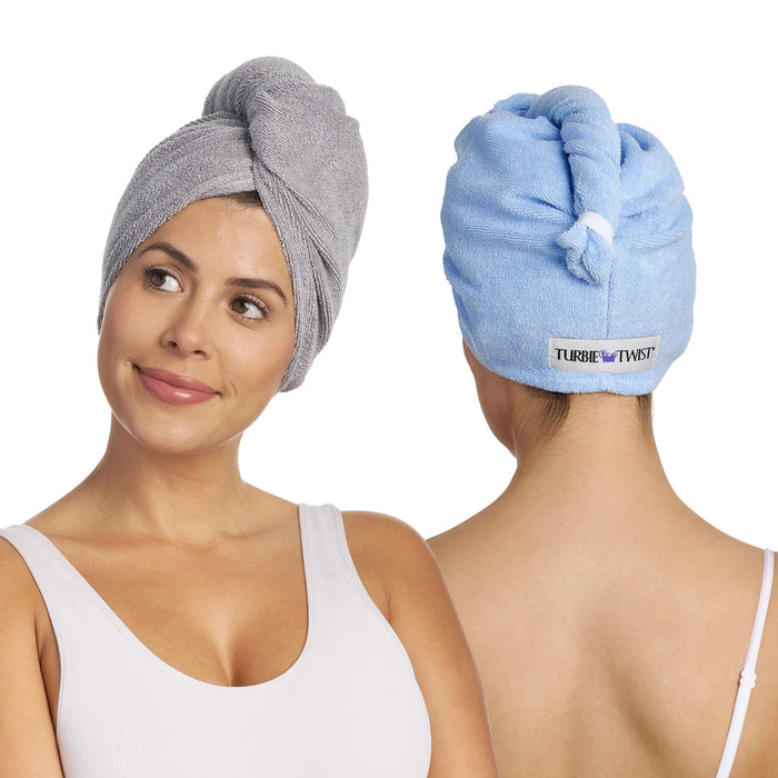 Turbie Twist Microfiber Hair Towel Wrap - for Women, Men & Kids - Travel & Bathroom Essential - Quick Dry Hair Turban for Curly, Long & Thick Hair - 2 Pack (Grey, Blue)