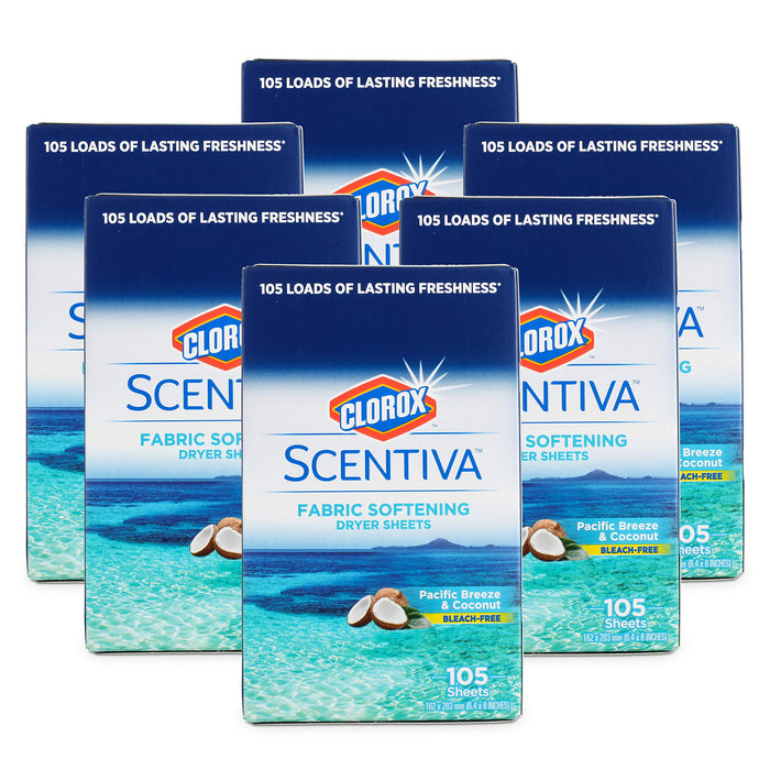 Clorox Scentiva Fabric Softening Dryer Sheets, 105 Sheets per Pack, Pacific Breeze & Coconut Scent | Bleach-Free Fabric Softener Sheets for Static Control and Reduce Wrinkles (6 Pack)