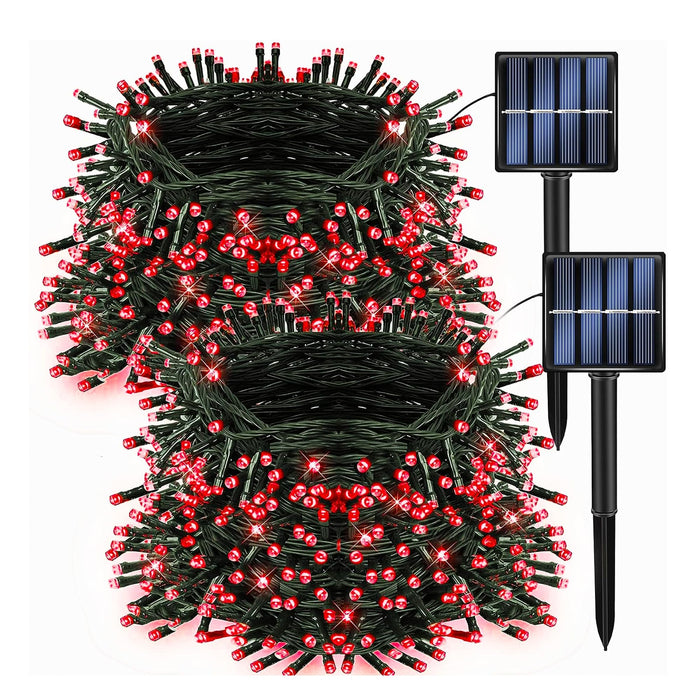 Dazzle Bright 2 Pack Total 400LED 132FT Red Christmas Solar String Outdoor Lights, Solar Powered with 8 Modes Waterproof Fairy Lights for Bedroom Patio Garden Tree Party Yard Decoration