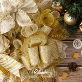 Ribbli Gold Metallic Mesh Ribbon,10 inch x 30 feet(10Yard), Gold with Gold Wide Foil, Christmas Ribbon for Wreath Swags and Christmas Tree Decoration