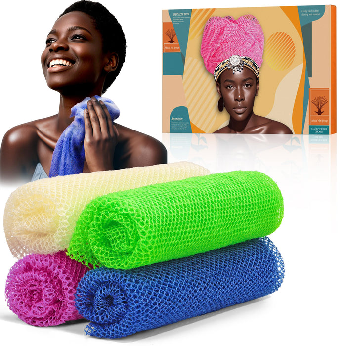 4 Pieces African Net Sponge – Effective Deep Cleansing and Exfoliating Mesh for Glowing Skin – Stretchable, Quick-Dry Exfoliating Bath Sponge(Blue, Green, Purple, White)