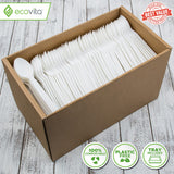 Ecovita 100% Compostable Spoons - 500 Large Disposable Utensils (6.5 in.) Bulk Size Eco Friendly Durable and Heat Resistant Alternative to Plastic Spoons with Convenient Tray