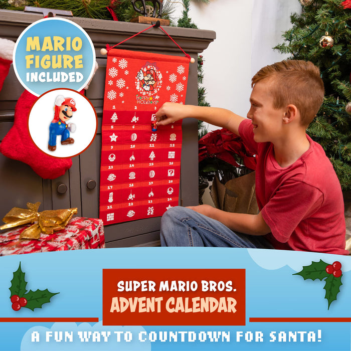 Super Mario Fabric Advent Calendar with Mario Toy, 24 Days Nintendo Christmas Countdown, Reusable Felt Hanging Wall Decoration with Pockets