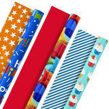 Hallmark Birthday Wrapping Paper Rolls - Balloons, Stars, Cupcakes, Blue Stripes, Solid Red Gift Wrap Paper (Set of 3 Reversible Rolls: 75 sq. ft. ttl.)