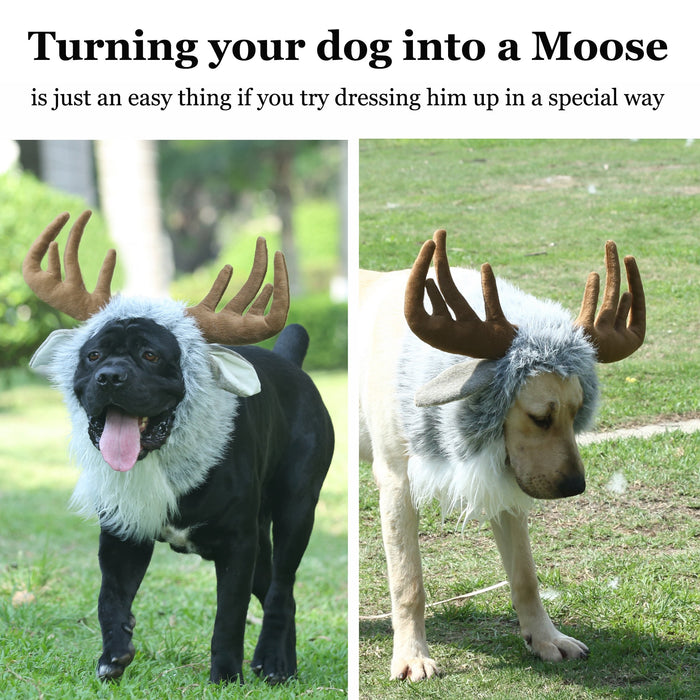 Funny Moose Costumes for Dog, Cute Furry Pet Wig for Halloween Christmas, Pet Clothing Accessories (Moose, Size L)