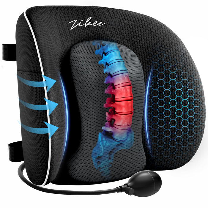 ZIKEE Airbag Lumbar Support Pillow for Office Chair and Car Seat, Adjustable Memory Foam Lumbar Pillow for Contoured Lower Back Support & Pain Relief, Lower Back Cushion with Dual Straps & Airy Fabric