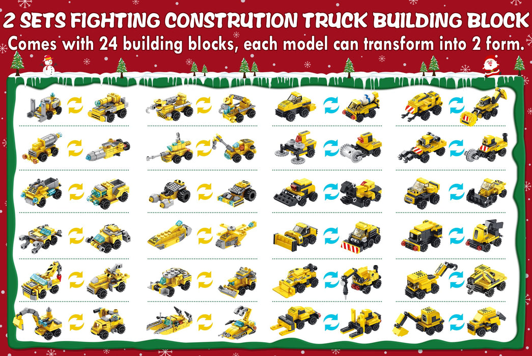 Kids Advent Calendar 2024 for Boys, 24 Days Christmas STEM Construction Vehicles Building Blocks Countdown Calendar Gifts Box with 12-in-1 Engineering Truck Bricks Toys Set for Kids Teens Girls Age 6+