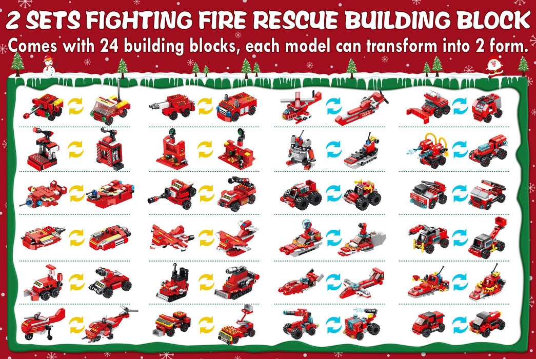 Kids Advent Calendar 2024 for Boys, 24 Days Christmas STEM Fire Rescue Building Blocks Countdown Calendar Gifts Box with 12-in-1 Construction Plane Truck Bricks Toys Set for Kids Teen Girl Boy Age 6+