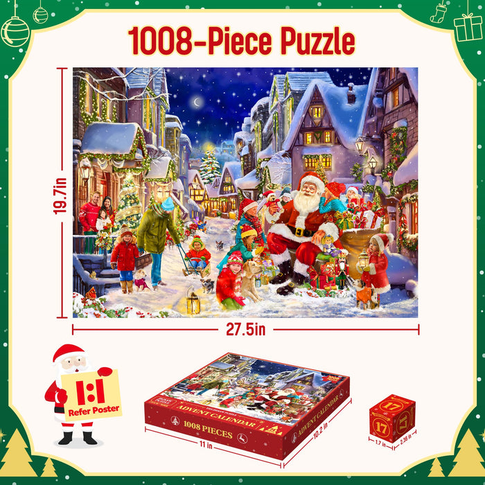 ZIZZ Advent Calendar 2024 Christmas Jigsaw Puzzle - 24 Boxes 1008 Pieces Xmas Countdown Puzzle Gift for Kid Adult Boy Girl Teen Holiday Fun Family Toy Game Christmas Stocking Stuffer Home Decoration